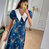 French Peter Pan Collar Short Sleeve Blue Floral Slimming High End Exquisite First Love Dress